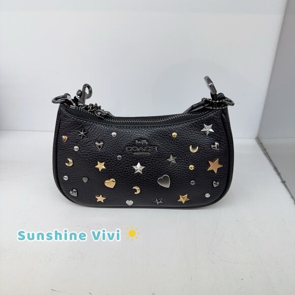 NWT Coach Teri Mini Crossbody Bag Rivets CCE44 pebbled leather/Gunmetal/Black - Picture 1 of 12